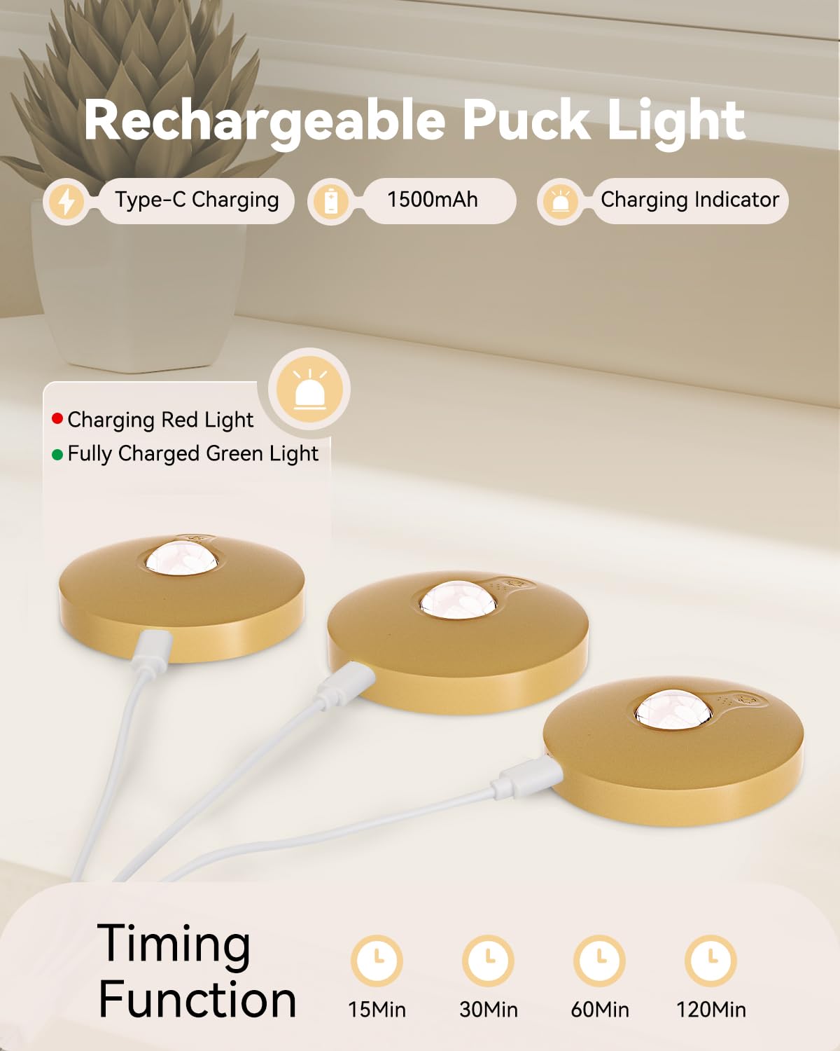 Aokpsrt Rechargeable RGB Puck Lights, Dimmable & Timer, 3 Packs, Gold, Battery Operated, Remote Control, Plastic