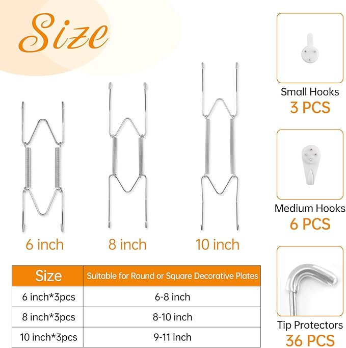 Bilillo 9-Piece Stainless Steel Plate Hangers - Heavy Duty 6/8/10 Inch Invisible Wall Plate Holders with 9 Wall Hooks & 36 Rubber Tip Protectors for 6-11 Inch Decorative Plates (Silver)