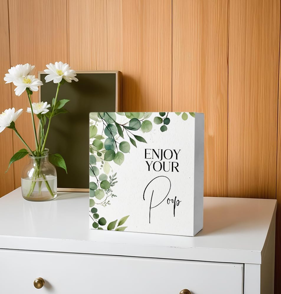 Funny Bathroom Signs, Enjoy Your Poop Humorous Wooden Box Sign, Eucalyptus Botanical Wood Signs Plaque for Bathroom Washroom Toilet Counter Shelf Table Decor, 5x5 Inch