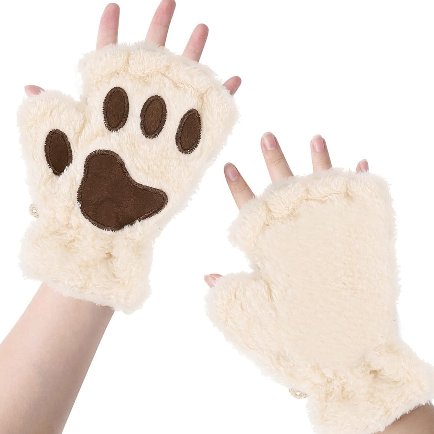 Tiny Chou Cat Paw Gloves for Cosplay Fancy Party Halloween Costume Accessories, Winter Soft Fingerless Warm Gloves for Women Girls, Beige