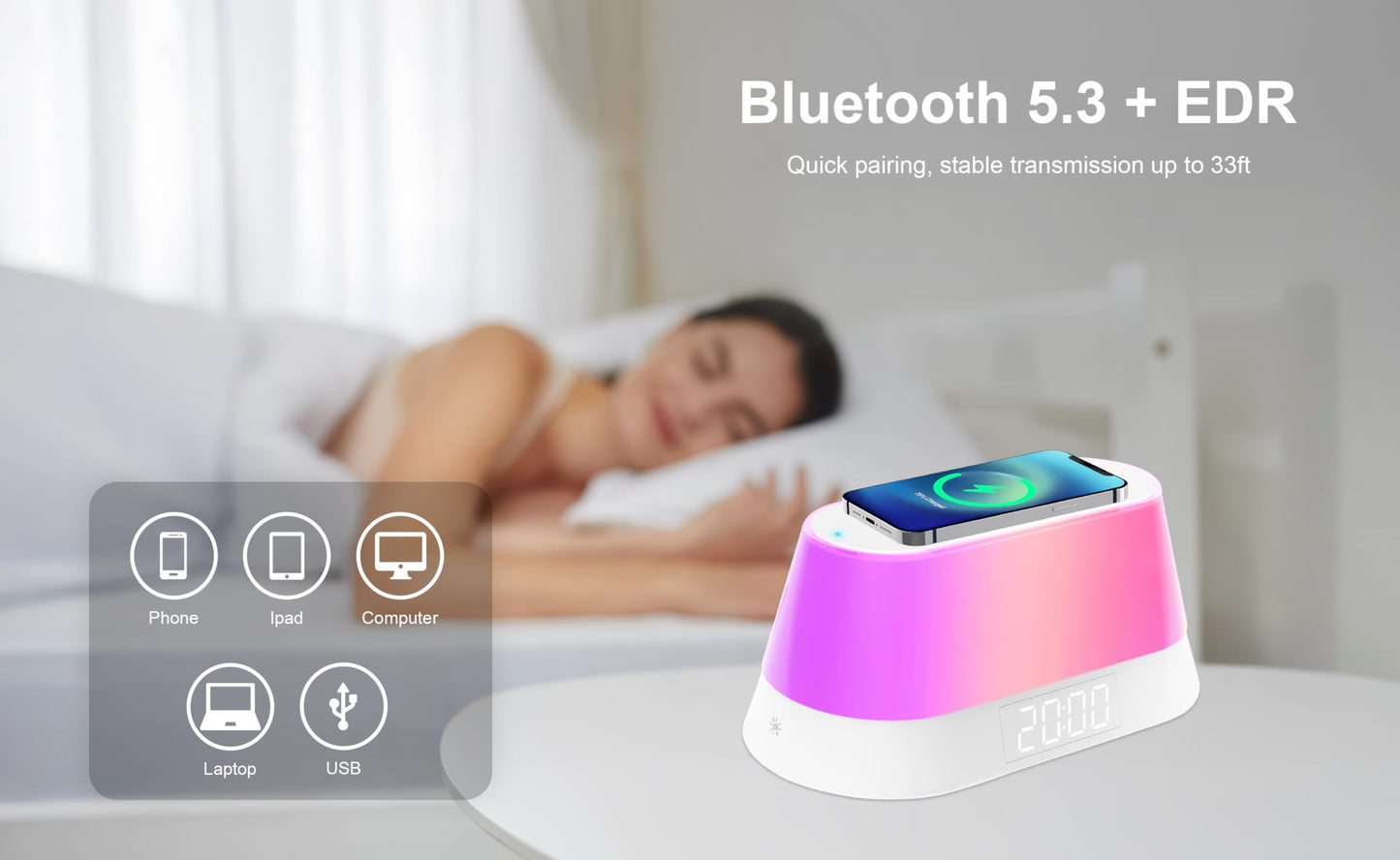 Fisher Alarm Clock Speaker Wireless Charger, Digital Alarm Clocks Bedrooms Bluetooth, Alarm Clock Dimmable Light Bedrooms Dual Alarm Snooze Dimmer 12 24H RGB Night Light Bluetooth USB