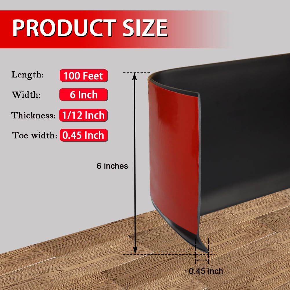 Vinyl Wall Base Baseboard Molding Trim 6" Flexible Self Adhesive Rubber Wall Base Moulding Trim Peel and Stick Design, 6 Inch x 100 Feet, Black