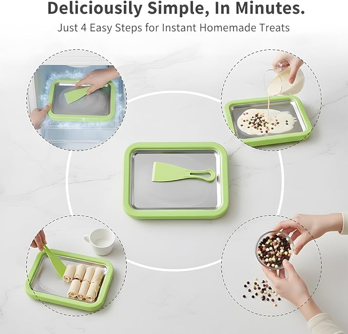 Rolled Ice Cream Maker Kit, 2026 New At-Home Stainless Steel Instant Freeze Plate with 2 Scrapers, DIY Rolled Ice Cream Tray, Perfect for Family Fun, Easy Homemade Desserts (Green)
