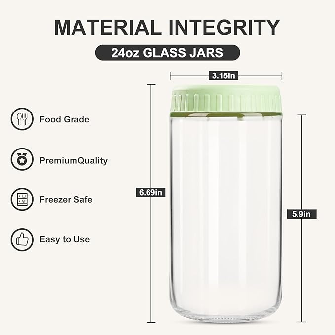 Overnight Oats Containers with Lids, 24oz Glass Jars with Lids 2 pcs, Light Green, Wide Mouth Mason jars for Salad, Yogurt, Snacks, Meal Prep