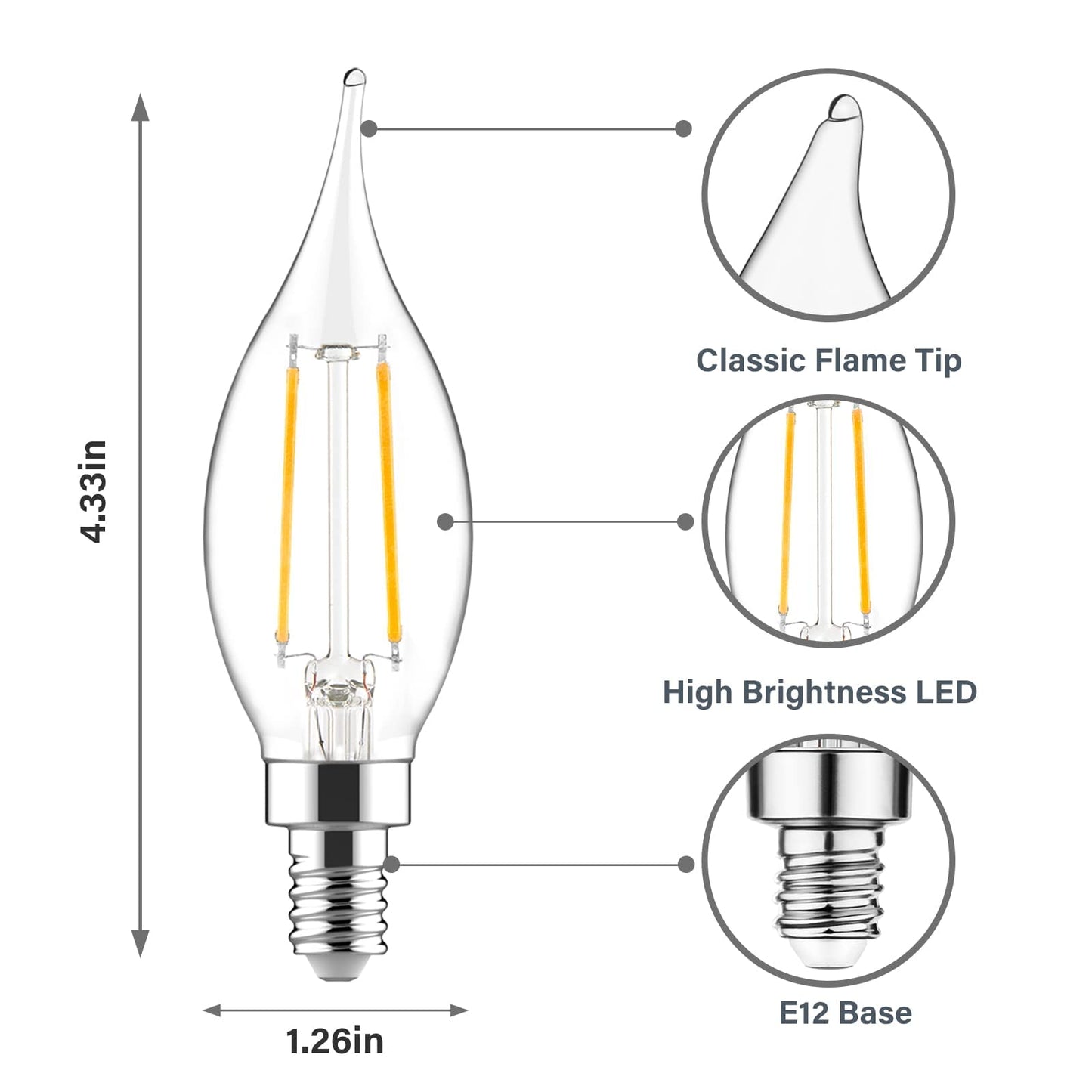 Sengled E12 Dimmable Led Bulbs, 60W Equivalent, 12 Pack, Ca10 Flame Tip, 5000K Daylight, Glass, Ideal For Chandeliers & Ceiling