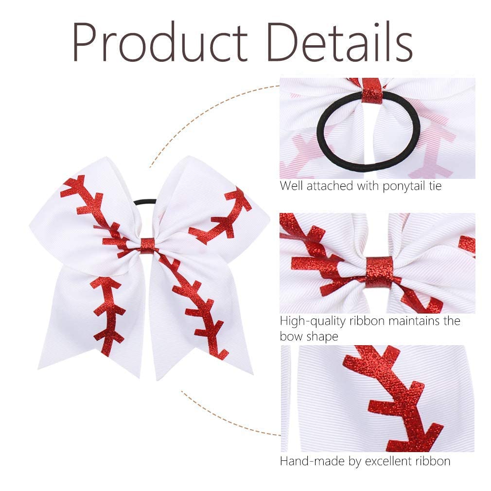 16PCS 8 Large Cheer Hair Bows Ponytail Holder Elastic Band Handmade for Cheerleading Teen Girls College Sports (Baseball White,