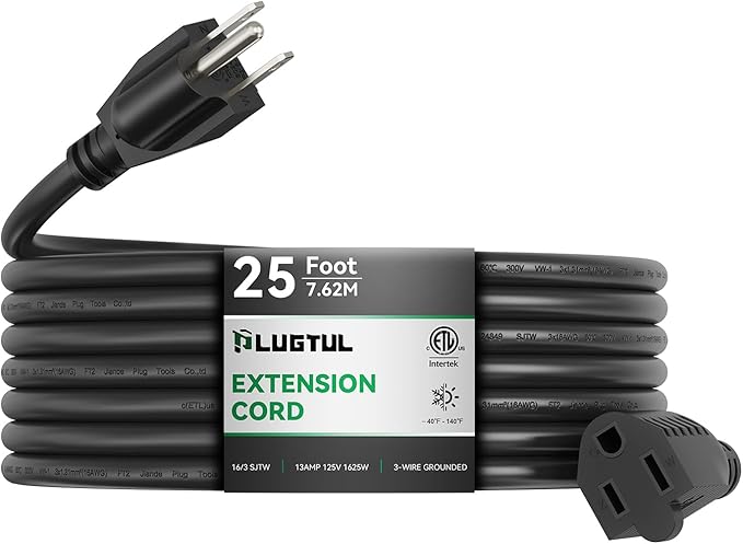 PLUGTUL Outdoor Extension Cord 25 FT Waterproof, 16/3 Gauge Black Heavy Duty 3 Prong Extension Cord, 13A 1625W SJTW, ETL L...