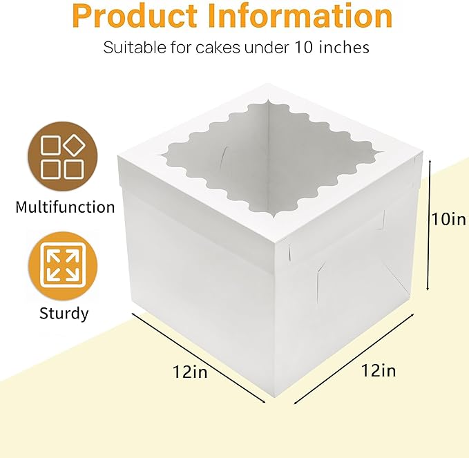 10pcs Cake Boxes 12 Inch,12x12x10in Tall Cake Boxes with Window,10in 12in White Bakery Boxes with Lids,Large Baking Boxes,Square Bakery Boxes for Multi-Layer Cakes