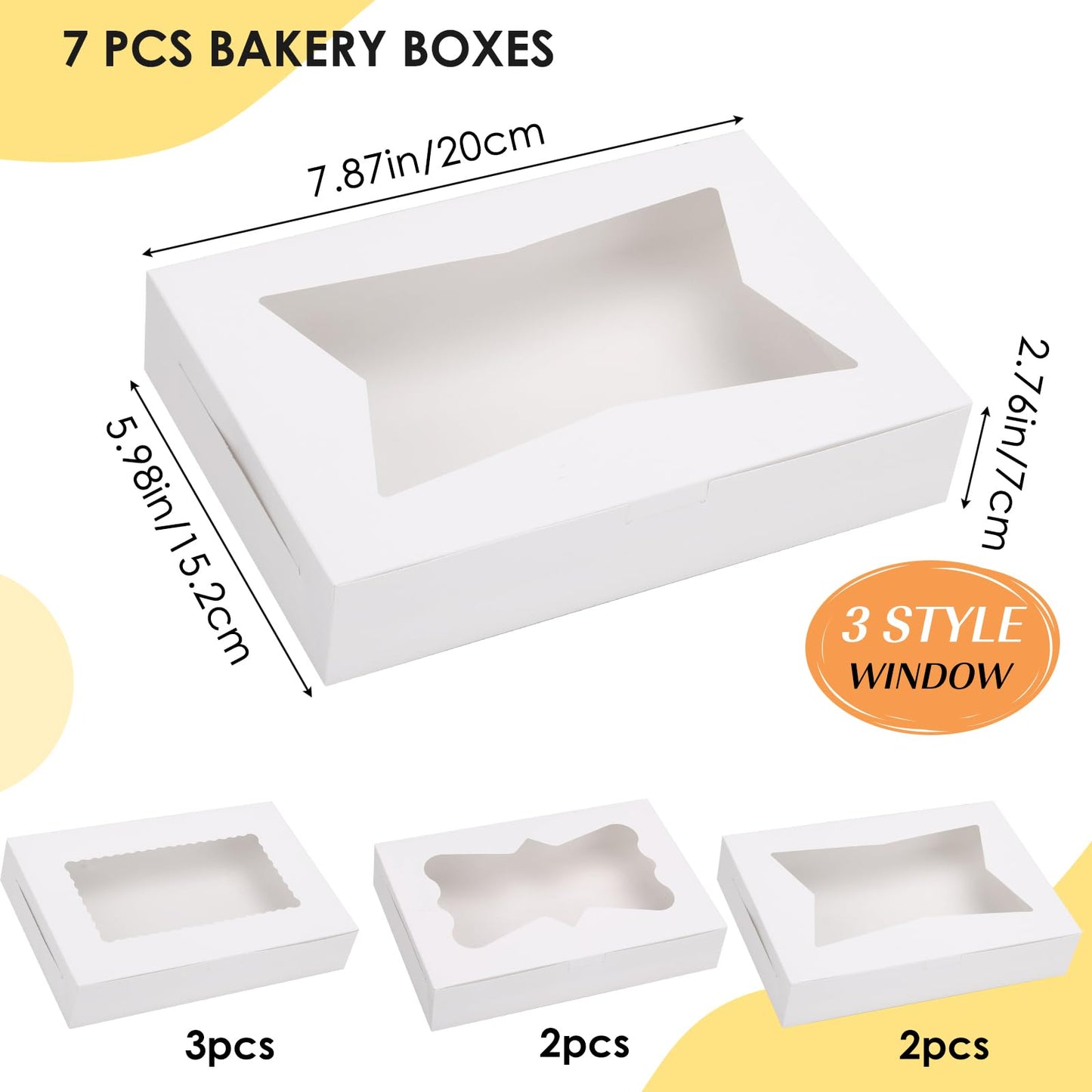 TOMNK 7pcs Cookie Boxes, 12x8x2.5 Inches White Bakery Boxes with 3 Style Window for Chocolate Covered Strawberries, Treats, Breakable Heart, Pastries, Desserts and Cake Pops