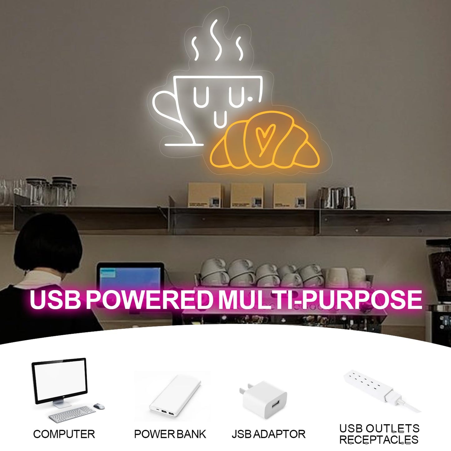 Coffee & Croissant Led Neon Sign  Custom Bakery Shop Bakery Decoration Neon Light Coffee Cup Home Bar Wall Decor Coffee Lover Gift For Family Party Bedroom Restaurant Bar Birthday