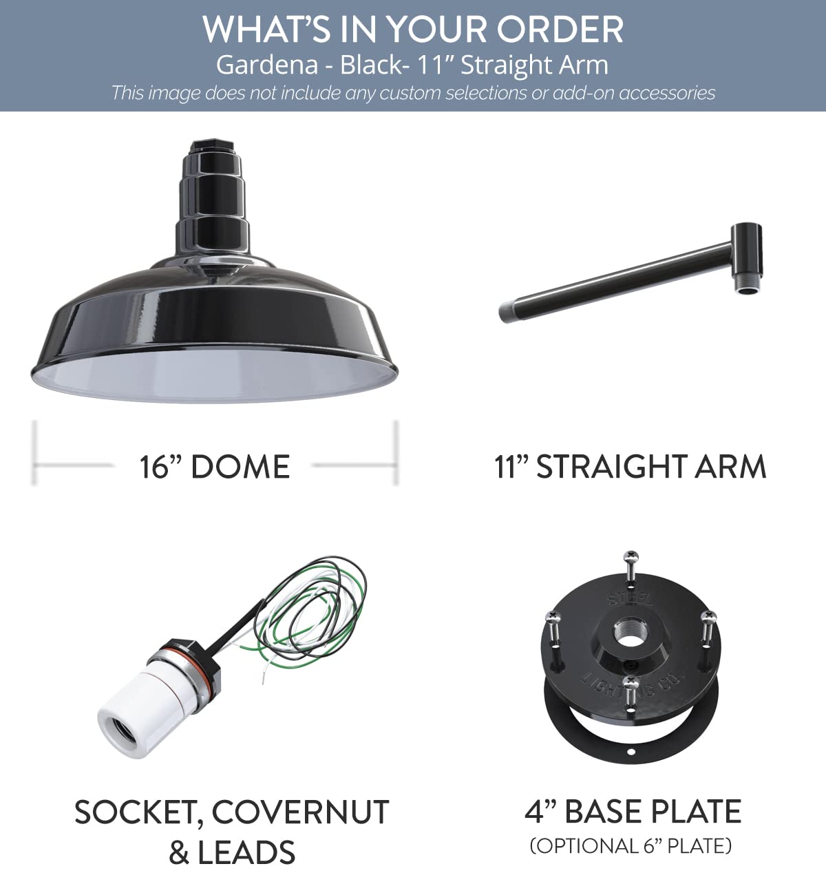 Steel Lighting Co. Gardena Barn Light - 16 Dome, 11 Straight Arm, Outdoor Wall Mounted, Black Steel, Made In America