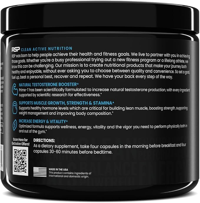 RSP NUTRITION Prime T - Testosterone Booster for Men, Natural Test Booster Pills, Lean Muscle Growth, Strength, Stamina & Healthy Sleep, 30 Servings