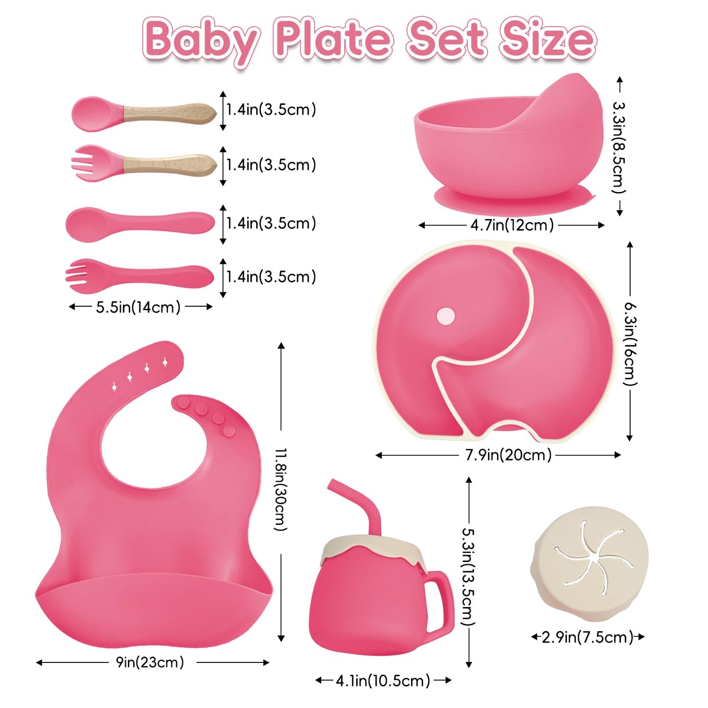 ARCASA Silicone Feeding Set, 9 Pcs Plates and Utensils, Includes Placemat, Suction Plate, Bowl, Adjustable Bib, Sippy Cup, Fork, Spoon for Babies 6+ Months (Pink)