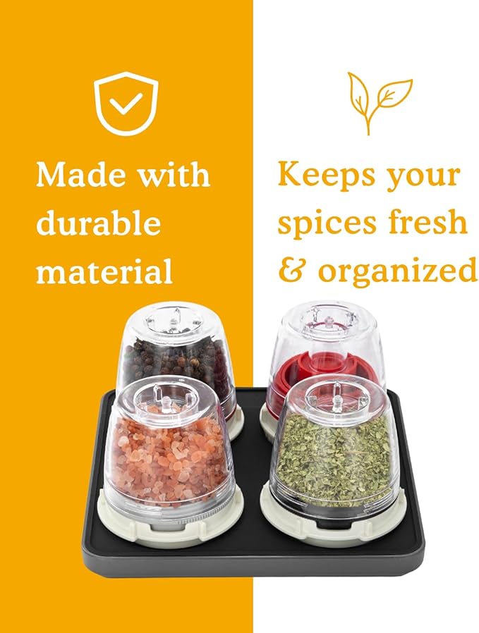 FinaMill Ultimate Gift Set – Battery Operated Spice Mill with 4 Interchangeable Spice Pods & Slate Quartet Stackable Tray, Adjustable Coarseness, Ceramic Grinder, LED Light, Kitchen Gifts for Women