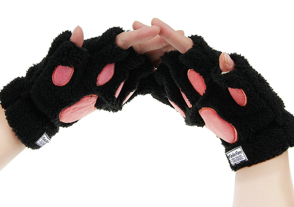 Starsource Lovely Cat Claw Bear Paw Style Winter Plush Half Finger Gloves Mitten For Girls,Black,One Size