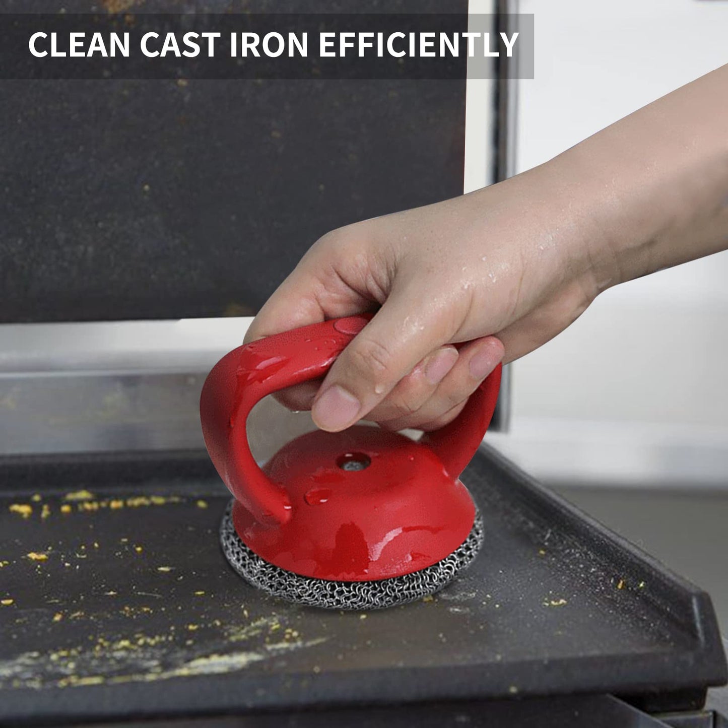 Cast Iron Cleaner Scrubber with Heavy Duty Handle, 3mm Welded Chain Mail Scrubber for Pan Pot Grill- Small Ring Chainmail Grill Scrubber Metal Scrub Sponge Skillet, Oven, Griddle, Wok Cleaning Brush