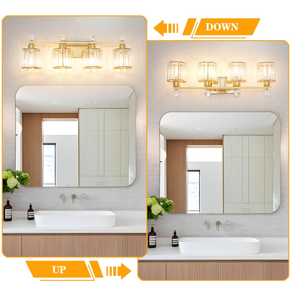 Modern Crystal Bathroom Vanity Light  4-Lights Bathroom Light Fixtures  Brass Gold Vanity Lighting Fixtures Over Mirror  Brushed Wall Sconce Light For Bedroom  Kitchen  Living Room  Gallery  E26 Base