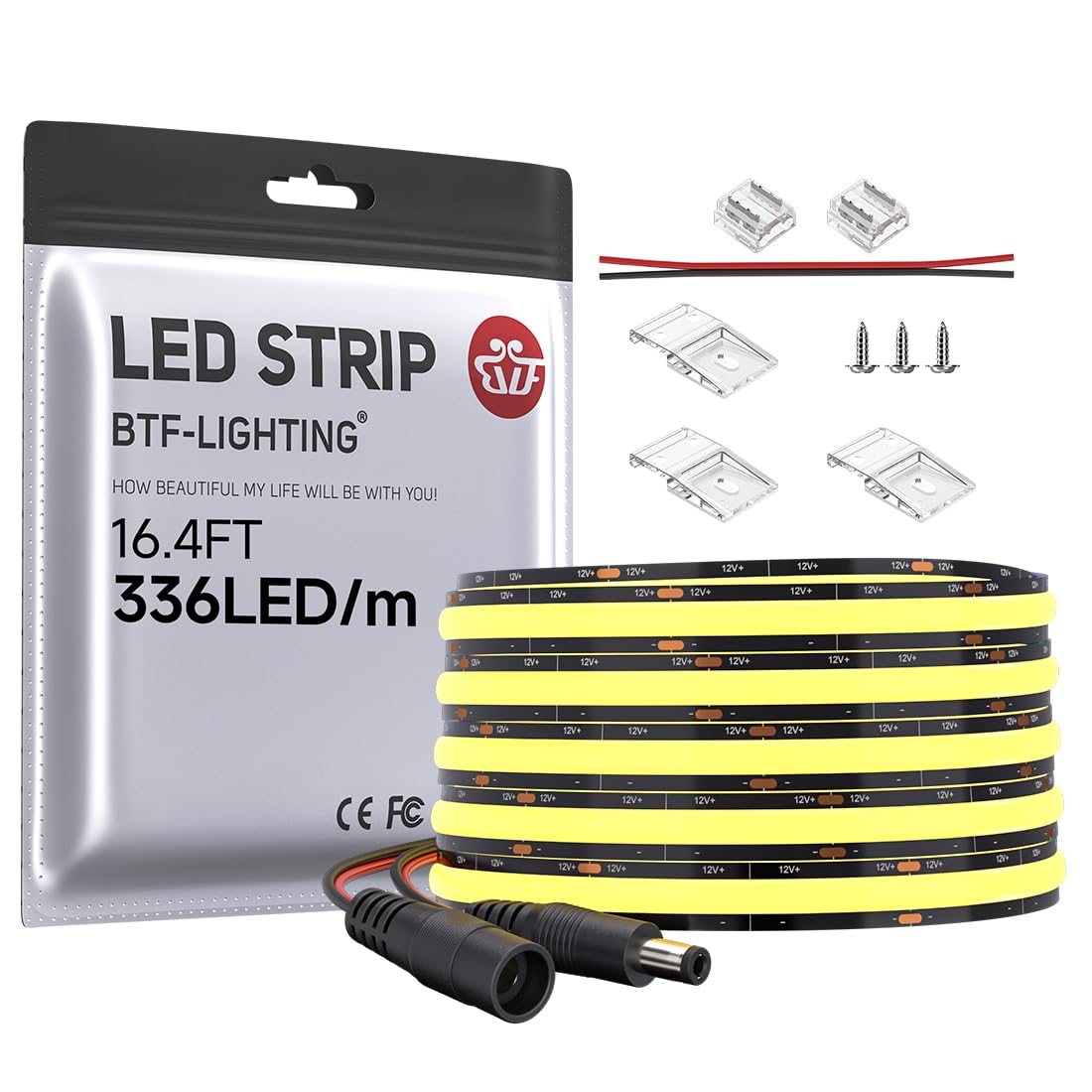 Btf-Lighting Fcob Cob Led Strip 8W/M 16.4Ft Dc12V Daylight White 6000K Flexible High Density Uniform Light Cri 90+ 8Mm Width Led Ribbon Black Pcb For Indoor Decor(No Adapter Or Controller)