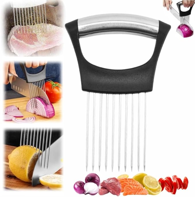 Onion Slice Holder, 2025 Upgraded Stainless Steel Onion Holder for Slicing Lemon Slicer Vegetable Cutter, Kitchen Chopper Slicing Assistant Tool for Meat, Onion, Potato, Tomato (1, A)