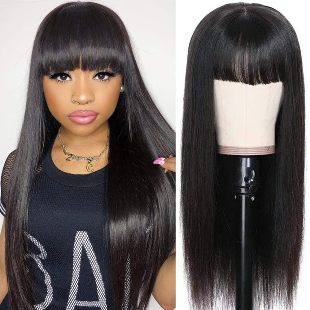Amella Hair Straight Human Hair Wigs with Bangs (22inch) 10A None Lace Front Wigs Human Hair for Black Women 150% Density Machin