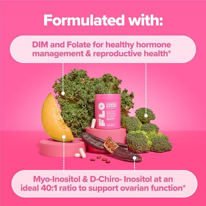 O Positiv FLO Ovarian Health Support - Hormone Balance for Women, Inositol Supplement with DIM, Myo-Inositol & D-Chiro Inositol, Folic Acid - Supports Healthy Ovulation, Cycle Regularity - 30 Servings