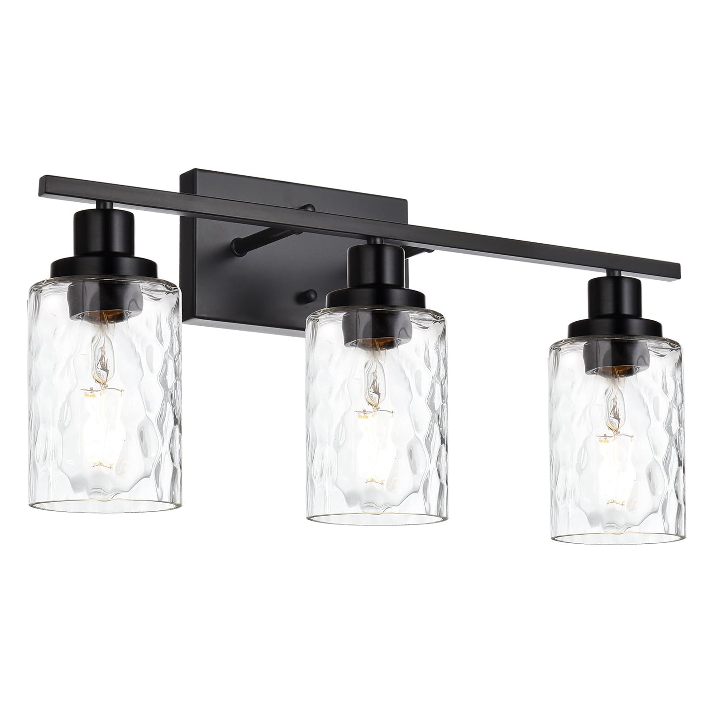 MELUCEE 3-Light Bathroom Vanity Light Fixture, Black Finish, Hammered Glass, Model 450-6W-SN