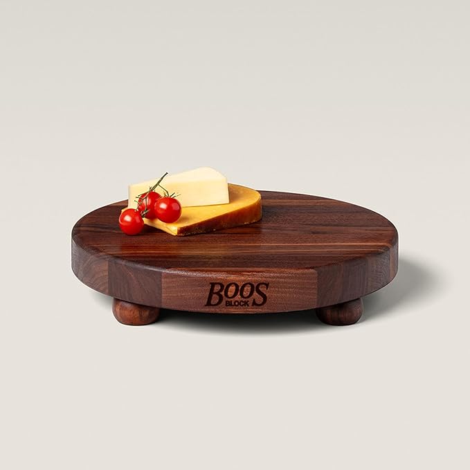 John Boos B Series Round Wooden Walnut Cutting Board 12”x12” – 1.5” Thick, 12-lb Non-Reversible Butcher Block with Wood Bun Feet & Edge-Grain