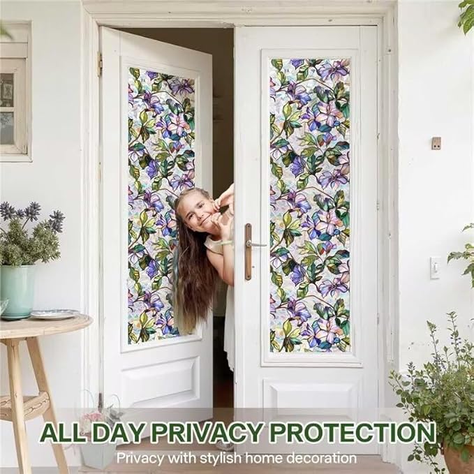 Purple Flower Stained Glass Window Film, Rainbow Floral Static Cling Privacy Film, UV Protection Removable Decal Sticker for Bathroom Bedroom Living Room Sunroof, 17 x 78.74 Inch