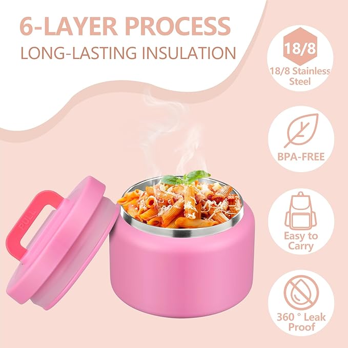 PIQUEBAR 8oz Kids Thermo for Hot Food,Small Lunch Thermos Food Container Stainless Steel,Easy Open Wide Mouth Thermo for Hot Cold Food for Preschool Travel (Pure Pink)
