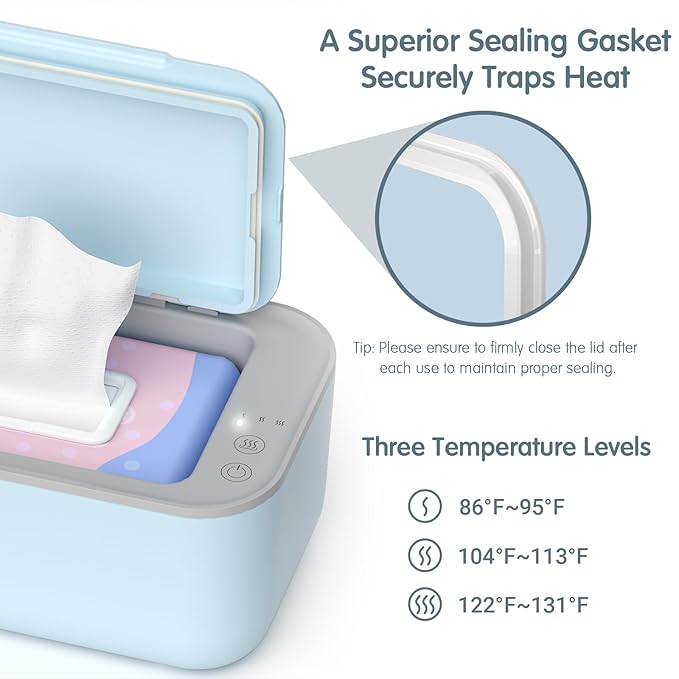 Wipe Warmer for Babies, Adult, Adjustable Temperature, Silent Heating, Large Wipe Holder with Constant Warmth –Blue