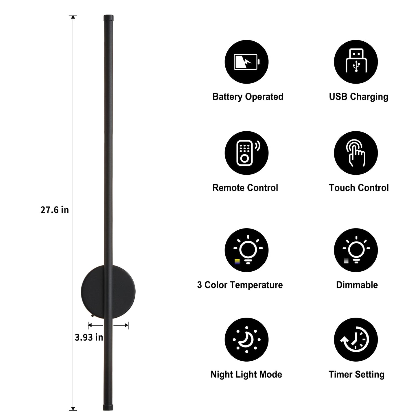 KARTOOSH Battery Operated Wall Sconces, Dimmable LED, 27.6 Inch, Black, Model ZM322B, Set of Two with Remote Control