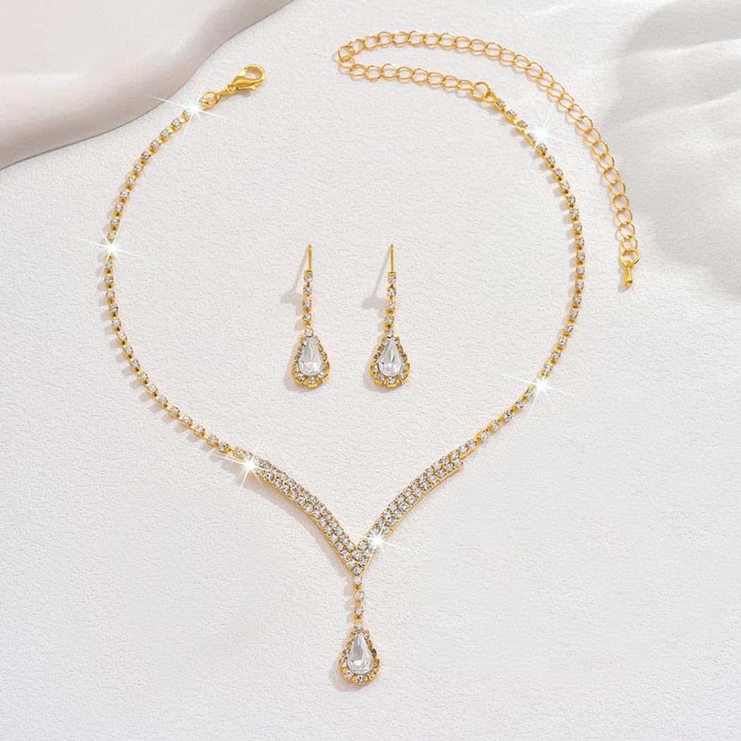 Unicra Bridal Wedding Jewelry Set Gold Rhinestone Necklace Earrings Sets Formal Costume Jewelry for Women and Brides (A-Gold)
