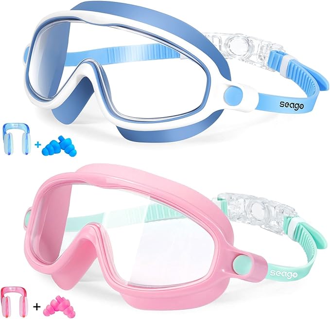 Seago Kids Goggles for Swimming 2 Pack Anti-Fog No Leaking Outer Eye Fit with Wide View UV Protection Crystal Clear Watert...