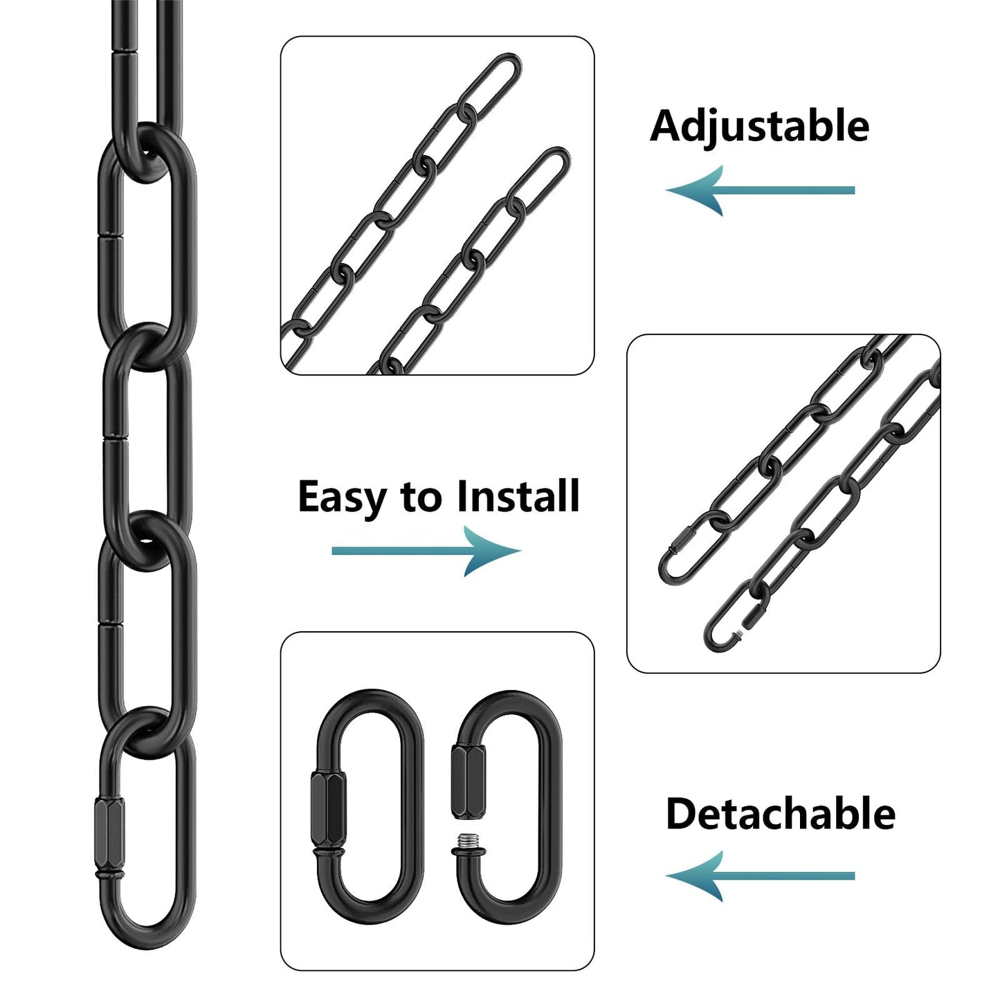 garini 6 Feet Industrial Black Light Fixture Chain, Adjustable Metal Pendant Chandelier Chain Extension with Detachable Link, 3 Pack