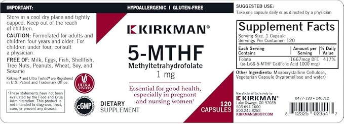 Kirkman 5-MTHF - Hypoallergenic - 120 Vegetarian Capsules - folic Acid Essential for Good Health