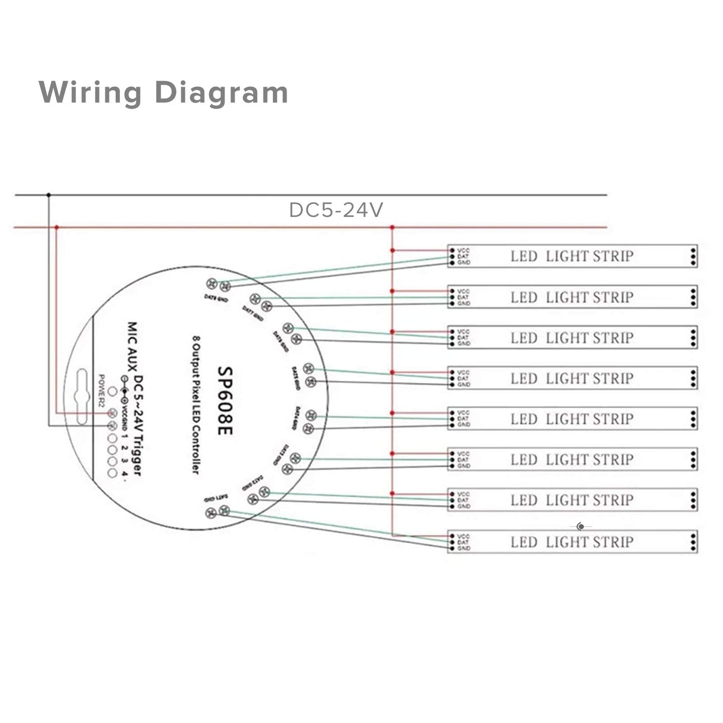Btf-Lighting Sp608E Bluetooth Controller For Ws2812B/Ws2811 Led Strip, 8 Ports, Built-In Mic, White Fpcb