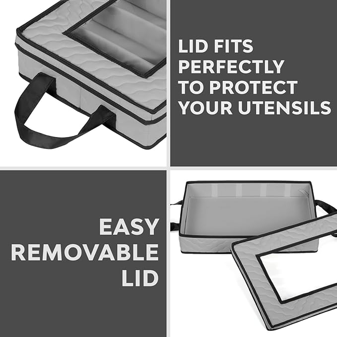 Flatware Storage Case - Durable 5 Compartment Silverware Storage Container Box with Removable Lid and Easy to Carry Handles - Large Capacity Keeps Your Cutlery Organized & Protected - Gray