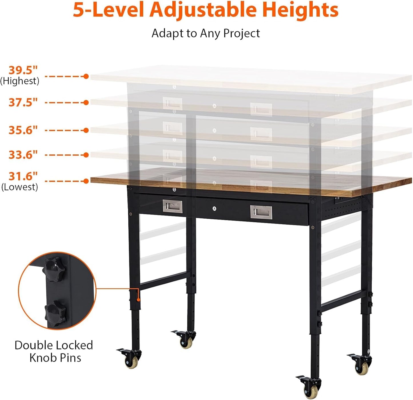 60" x 22" Adjustable Height Workbench - Heavy Duty 2000 lbs Load Capacity, Solid Rubber Wood Top, Sturdy Metal Frame, Workstation with Drawer & Rolling Casters, Power Outlets for Garage & Workshop