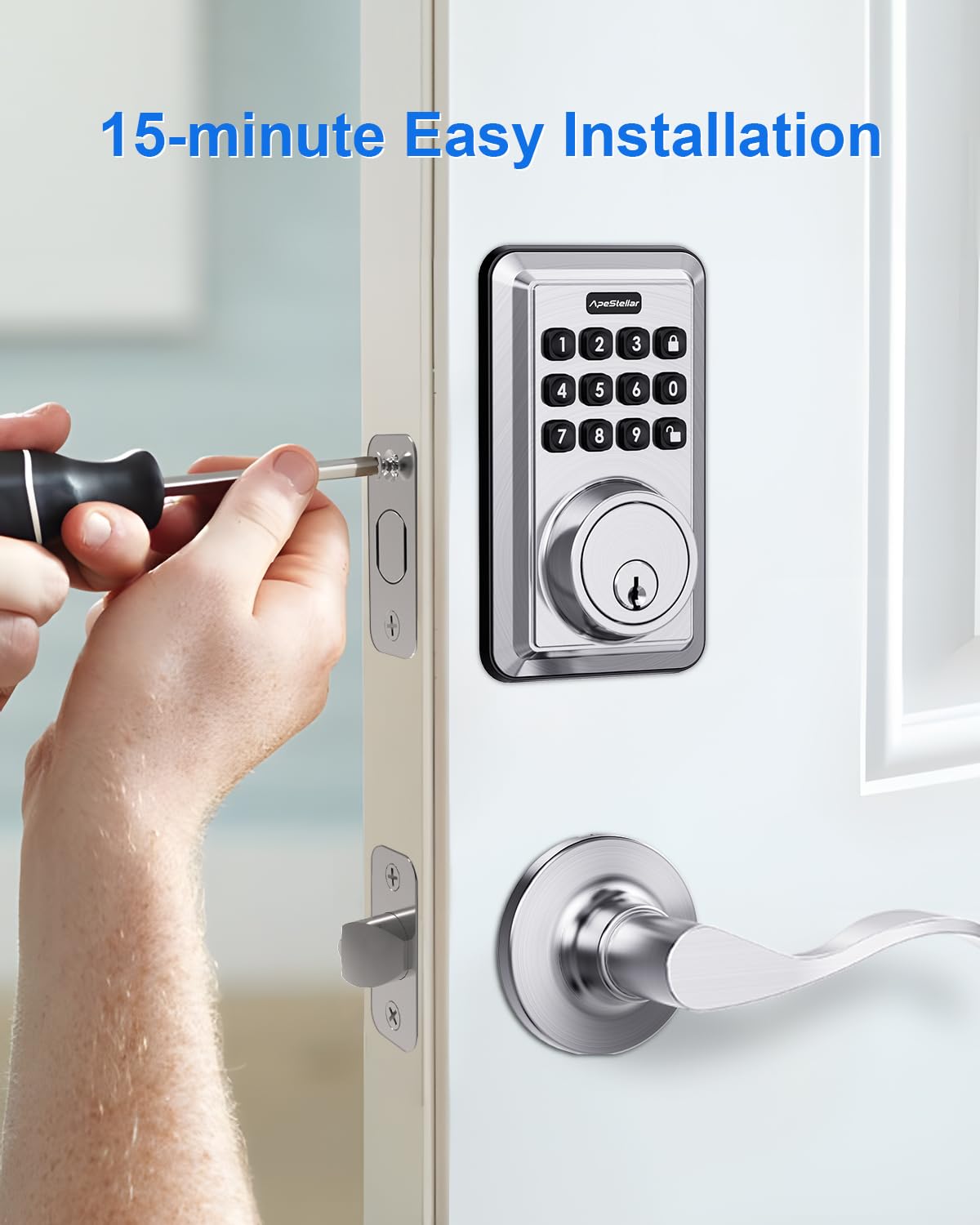Keyless Entry Door Lock with 2 Lever Handles - Electronic Keypad Deadbolt - Front Door Lock Handle Sets - Auto Lock,Anti-Peeking Password, Easy Installation - Satin Nickel