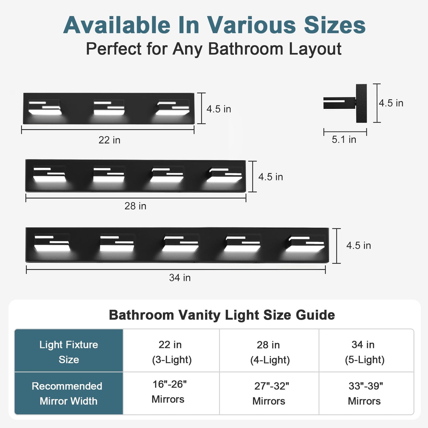 Lkhf Led Modern Bathroom Vanity Light Fixtures  5-Light 34-Inch Dimmable Matte Black Vanity Lights For Bathroom Lighting Fixtures Over Mirror  With 350?Rotatable Acrylic Heads (Cool White 6000K)