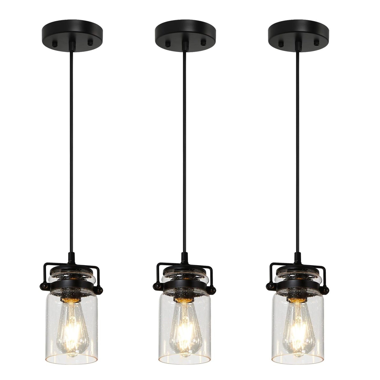 Industrial Pendant Lighting For Kithen Island  Black Pendant Light Fixture With Clear Glass Shade  Modern Mini Ceiling 3 Light Fixture Adjustable Kitchen Island Lighting(E26 Base)