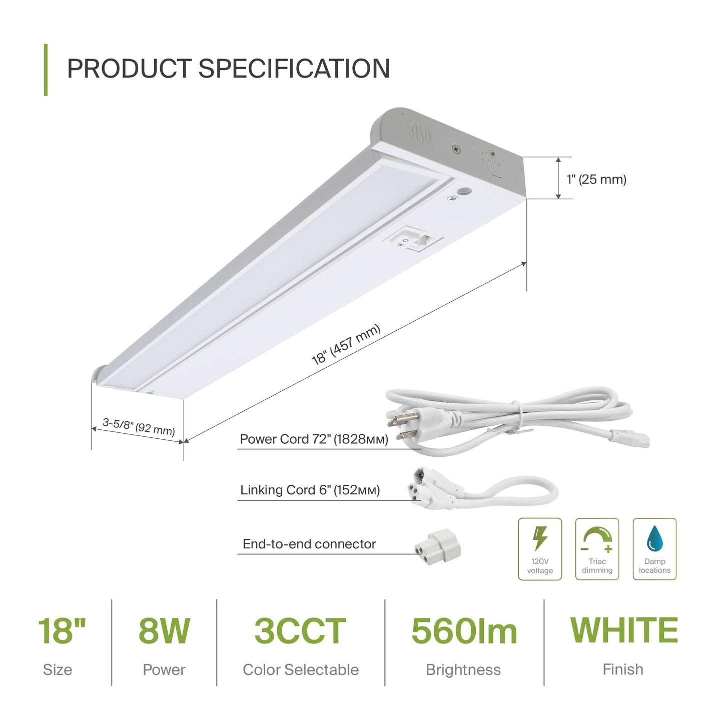 Asd Swivel Led Under Cabinet Light, 18 Inch, Dimmable, 8W, Hardwired/Plug-In, 2700K/3000K/4000K, Aluminum