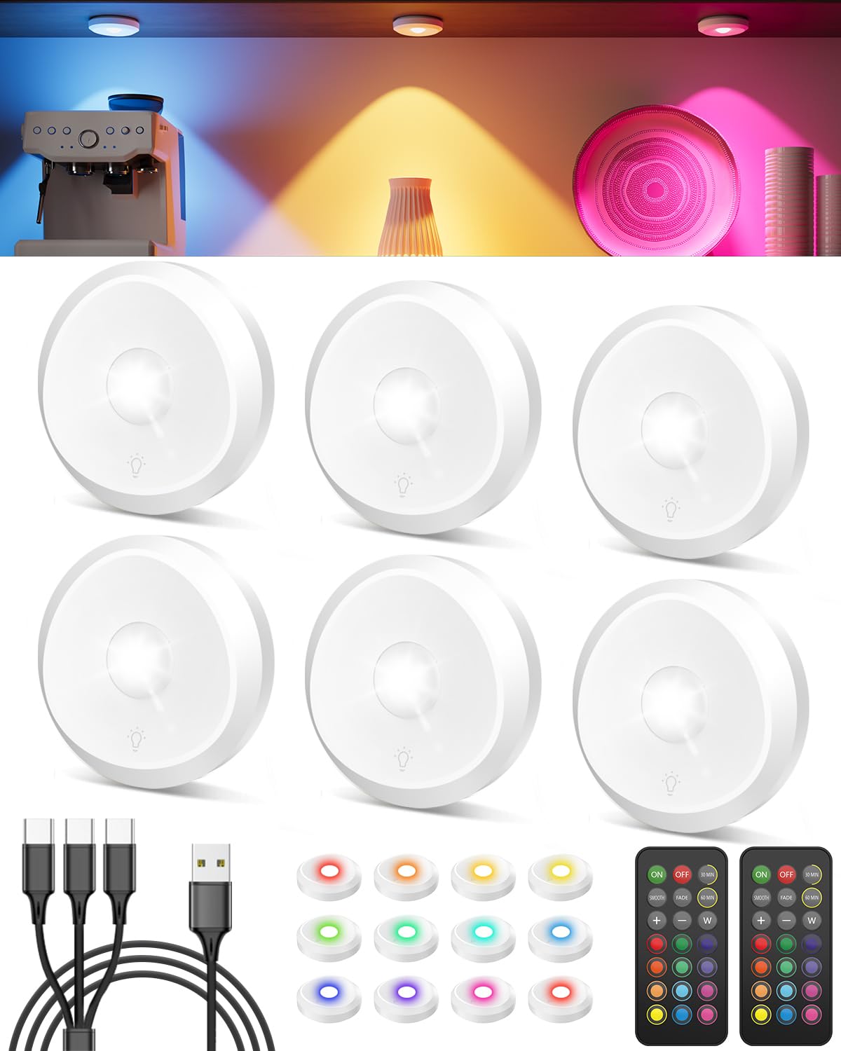 Rechargeable Color Changing Puck Lights With Remote  2400Mah Battery Touch Light Magnetic Push Tap Lights Wireless Rgb Led Under Cabinet Lighting  Sitck On Light For Kitchen  Closet  Classroom  Shelf