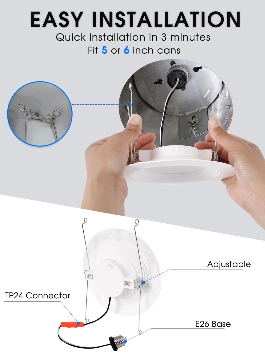 2 Pack 5/6 Inch 5Cct Led Recessed Lighting  Dimmable Can Lights With Baffle Trim  2700K/3000K/4000K/5000K/6500K Selectable  12.5W=100W  950Lm  Wet Rated  Retrofit Installation  Etl & Fcc