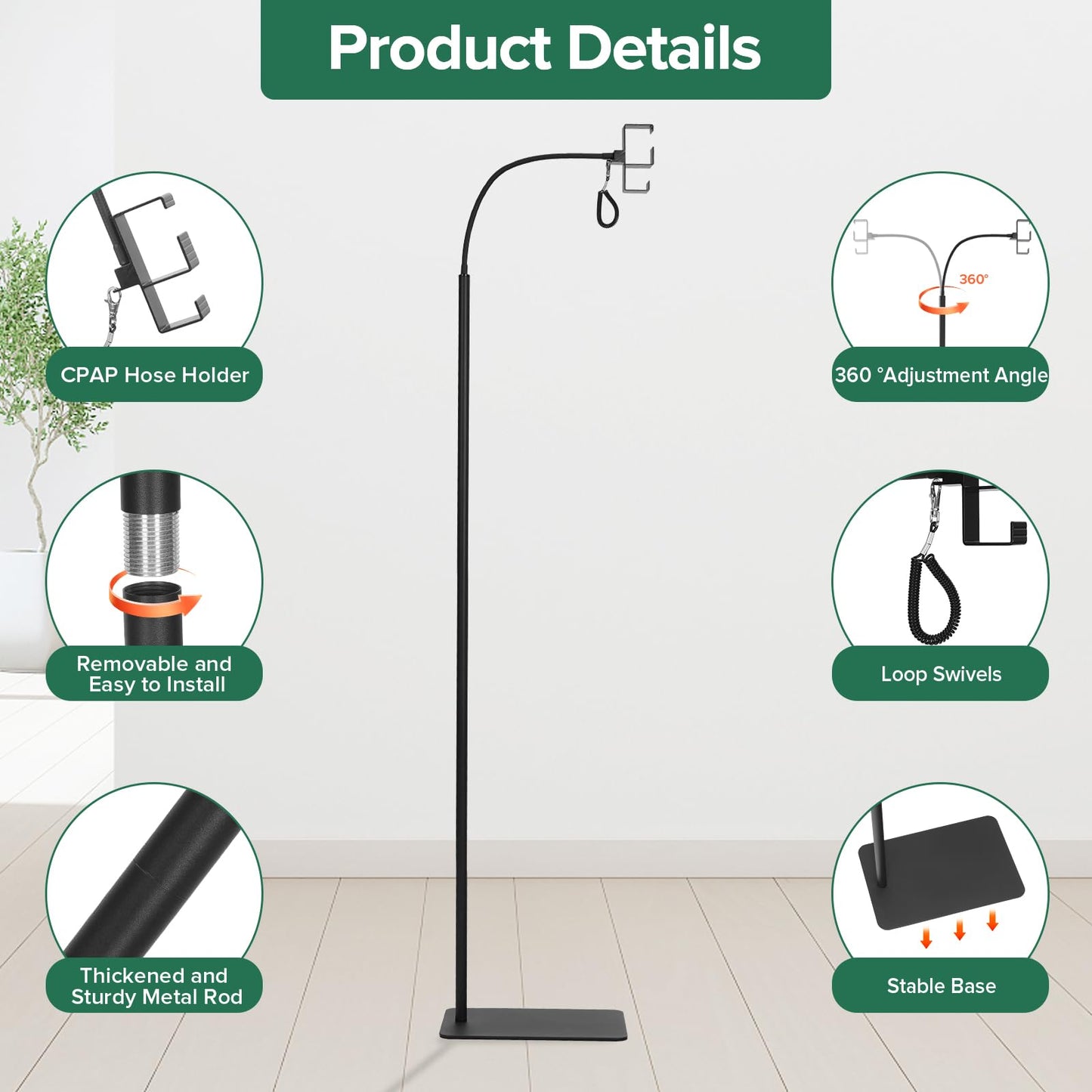 EonRivet CPAP Hose Holder for Bedside -All-Metal Stand with Aluminum Hook |NoWall Drilling | Fits ResMed/Philips/AirSense Tubing | Helps Keep Hose Clean &Tangle-Free