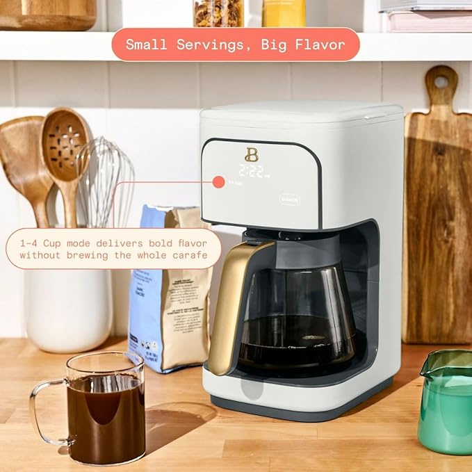 Beautiful 12-Cup Programmable Coffee Maker with Touch-Activated Display, Auto Brew Timer, Reusable Filter & Large Glass Carafe (White Icing)