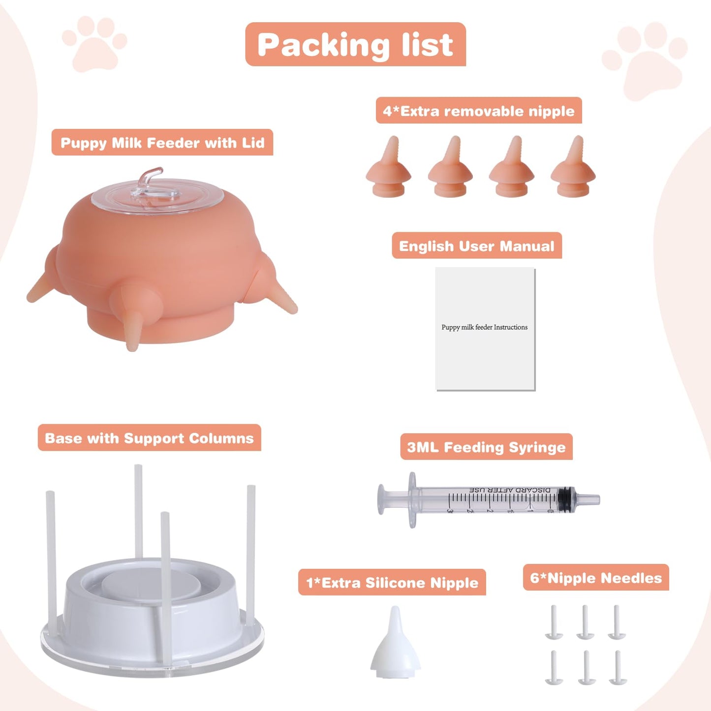 Elevonix Nursing Nipple Puppy Feeders for Multiple Puppies, 200ml Food-Grade Silicone with 4 Adjustable Detachable Nipples, Smooth Flow Nipple for Kitten Bottle Feeding Kit(Pink)
