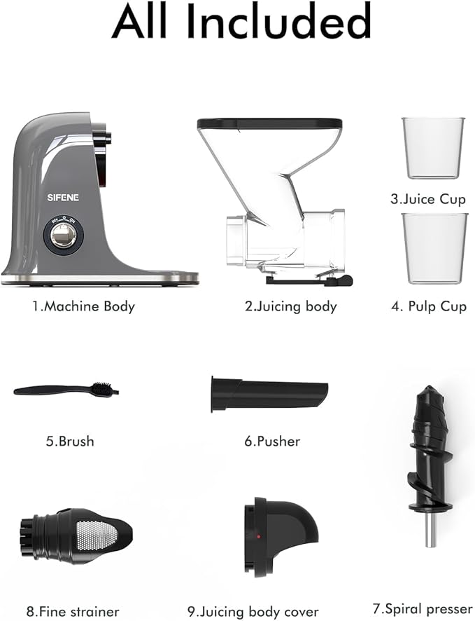 SIFENE Compact Slow Juicer, Easy to Clean, Quiet Masticating Juicer for Small Spaces, Dual Feed Chutes, Cold Press, BPA-Free, 280ml Mini Juicer for Celery, Carrots, Greens, 100W/150W, Dishwasher Safe,