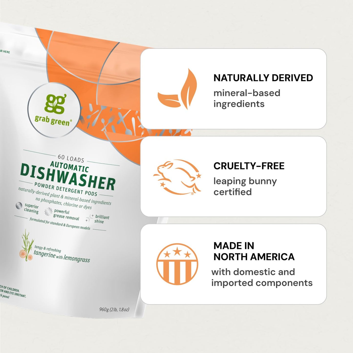 Grab Green Automatic Dishwashing Detergent Pods, 60 Count, Fragrance Free, Plant and Mineral Based, Superior Cleaning, Powerful Grease Removal, Brilliant Shine