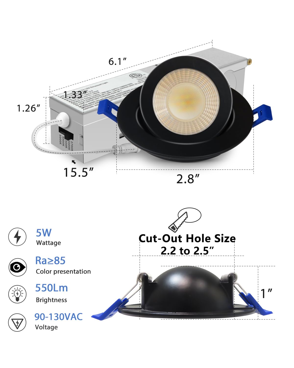 Adetu 2 Inch 5Cct Gimbal Black Led Recessed Lighting With Junction Box  360?90?Adjustable Led Recessed Lights  2700K/3000K/3500K/4000K/5000K  5W Eqv 50W  550Lm Brightness - Etl (Black  1 Pack)